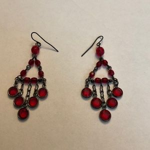 Earrings, Red stones, with dark metal. Hangs approximately 2 3/4”